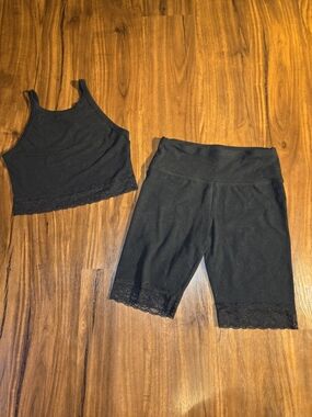 Colsie Black Lace-Trim Tank & Biker Short Set